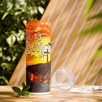 Inspirational Skinny Tumbler with Straw – 'He is Risen' – 20oz